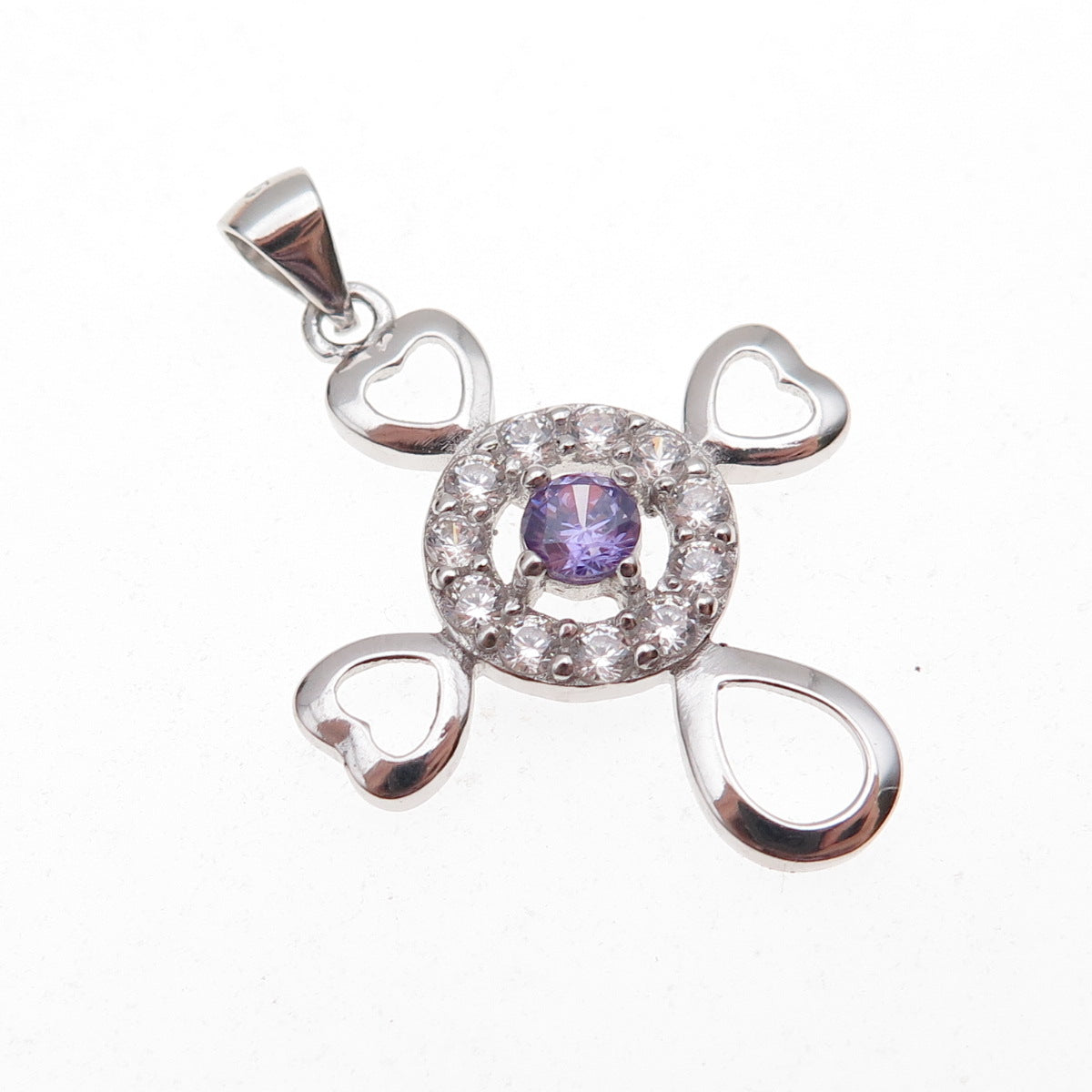 925 Sterling Silver Lavender & White C Z Heart Cross Charm Pendant