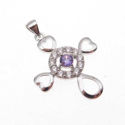 925 Sterling Silver Lavender & White C Z Heart Cross Charm Pendant