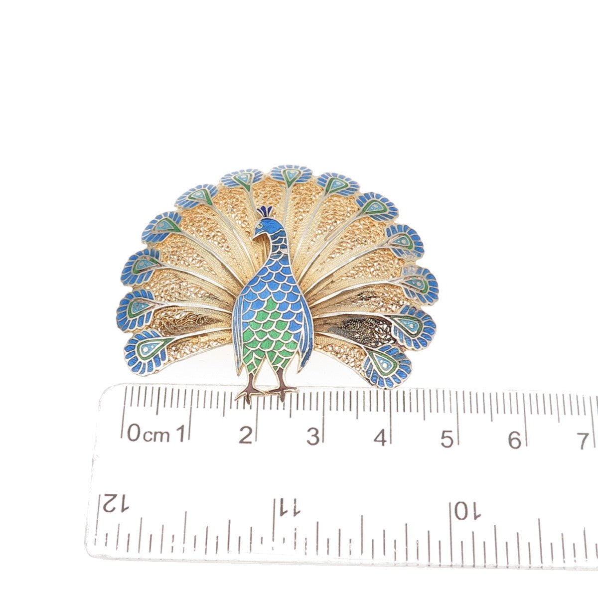 TOPAZIO 925 Sterling Gold Plated Vintage Portugal Enamel Peacock Filigree Brooch