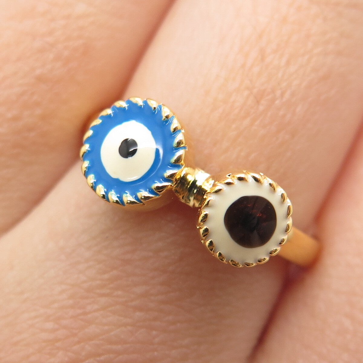 925 Sterling Silver Gold Plated Enamel Evil's Eye Amulet Ring Size 7.75