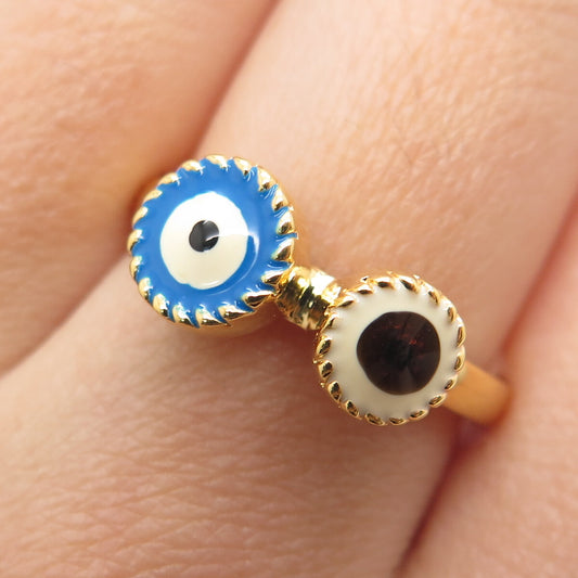 925 Sterling Silver Gold Plated Enamel Evil's Eye Amulet Ring Size 7.75