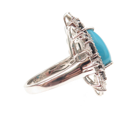 925 Sterling Silver Real Turquoise Black Spinel & White Topaz Floral Ring Size 8
