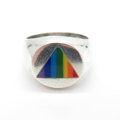 925 Sterling Silver Vintage Rainbow Enamel "Happy Pride" Signet Ring Size 5