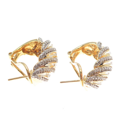 SUN 925 Sterling Silver Gold Plated Real White Diamond Wavy Omega Back Earrings