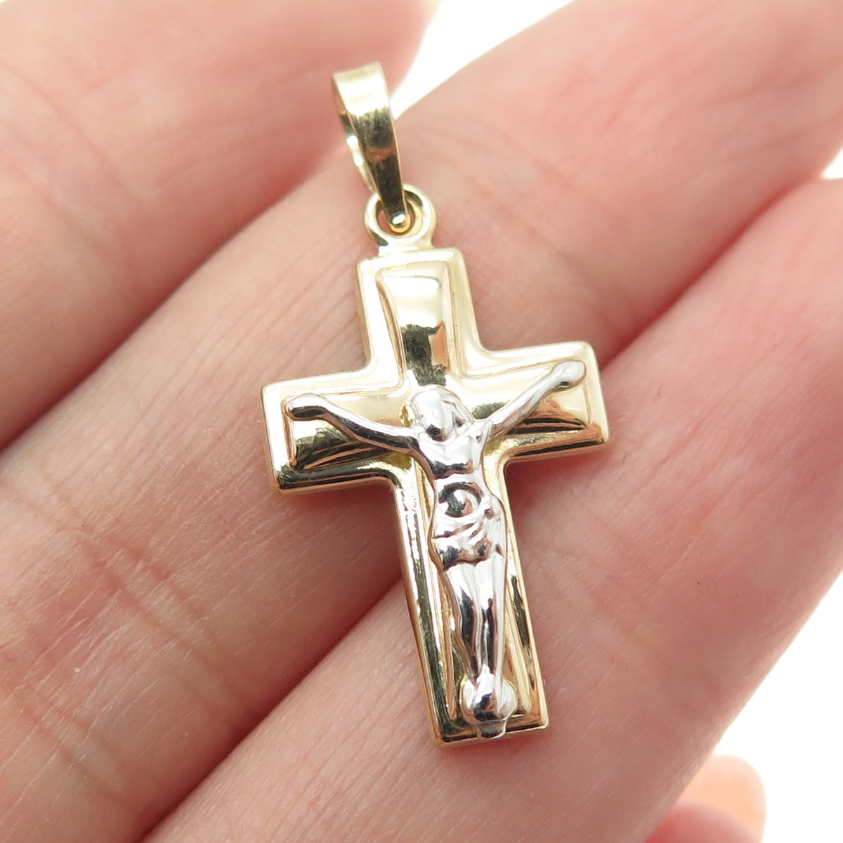 14K Yellow & White Gold Crucifix Cross Religious Charm Pendant