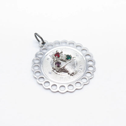 925 Sterling Silver Antique Rhinestone "Happy Birthday" Flower Basket Pendant