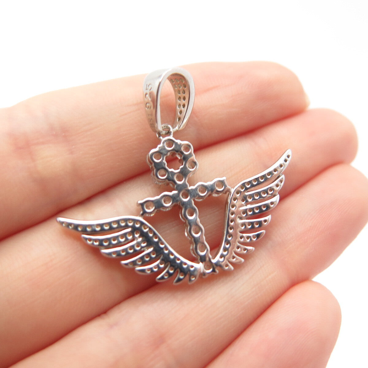 925 Sterling Silver C Z Cross Wings Pendant
