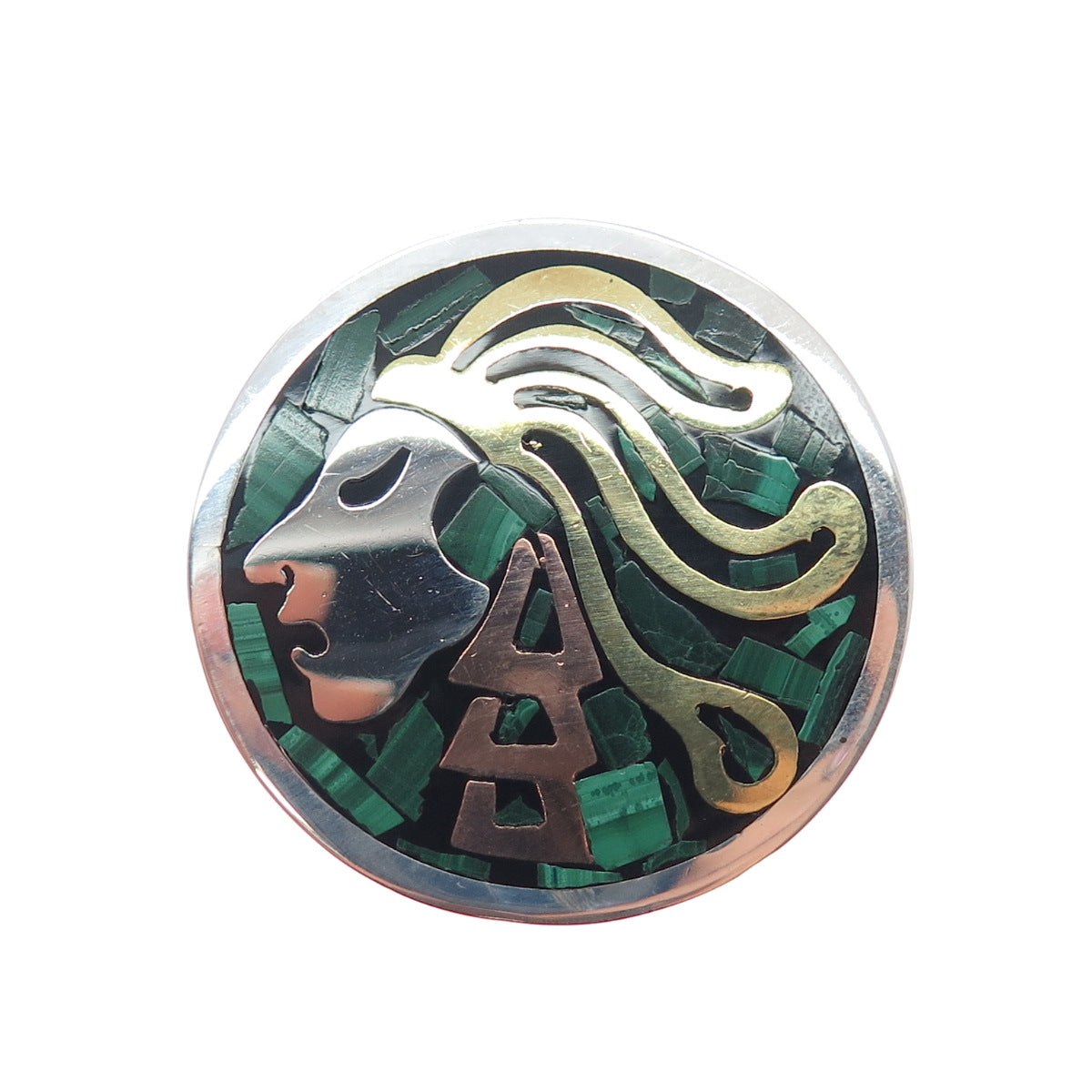 925 Sterling Silver 3-Tone Vintage Mexico Real Malachite Warrior Brooch Pendant
