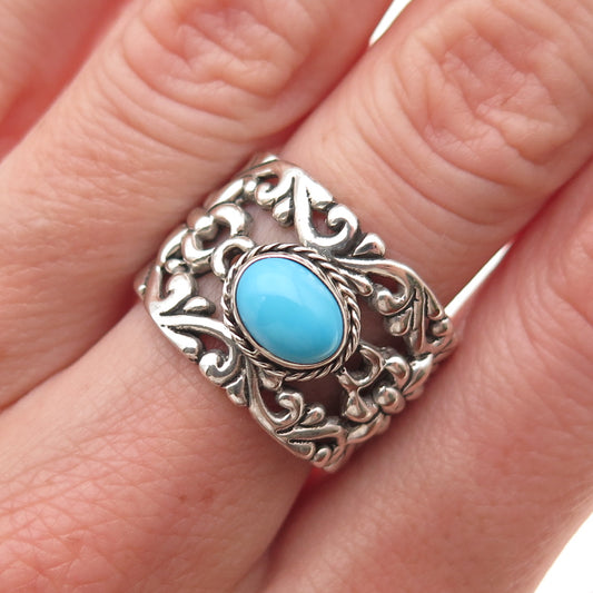 925 Sterling Silver Vintage Real Sleeping Beauty Turquoise Floral Ring Size 7.5