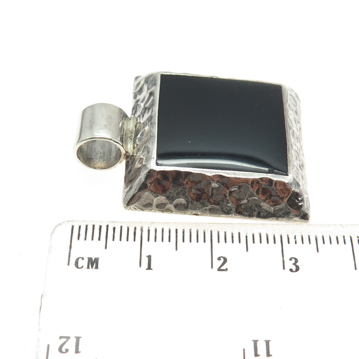925 Sterling Silver Vintage ATI Mexico Real Black Onyx Hammered Pendant