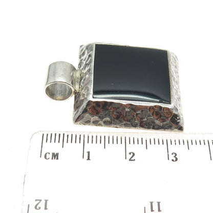 925 Sterling Silver Vintage ATI Mexico Real Black Onyx Hammered Pendant