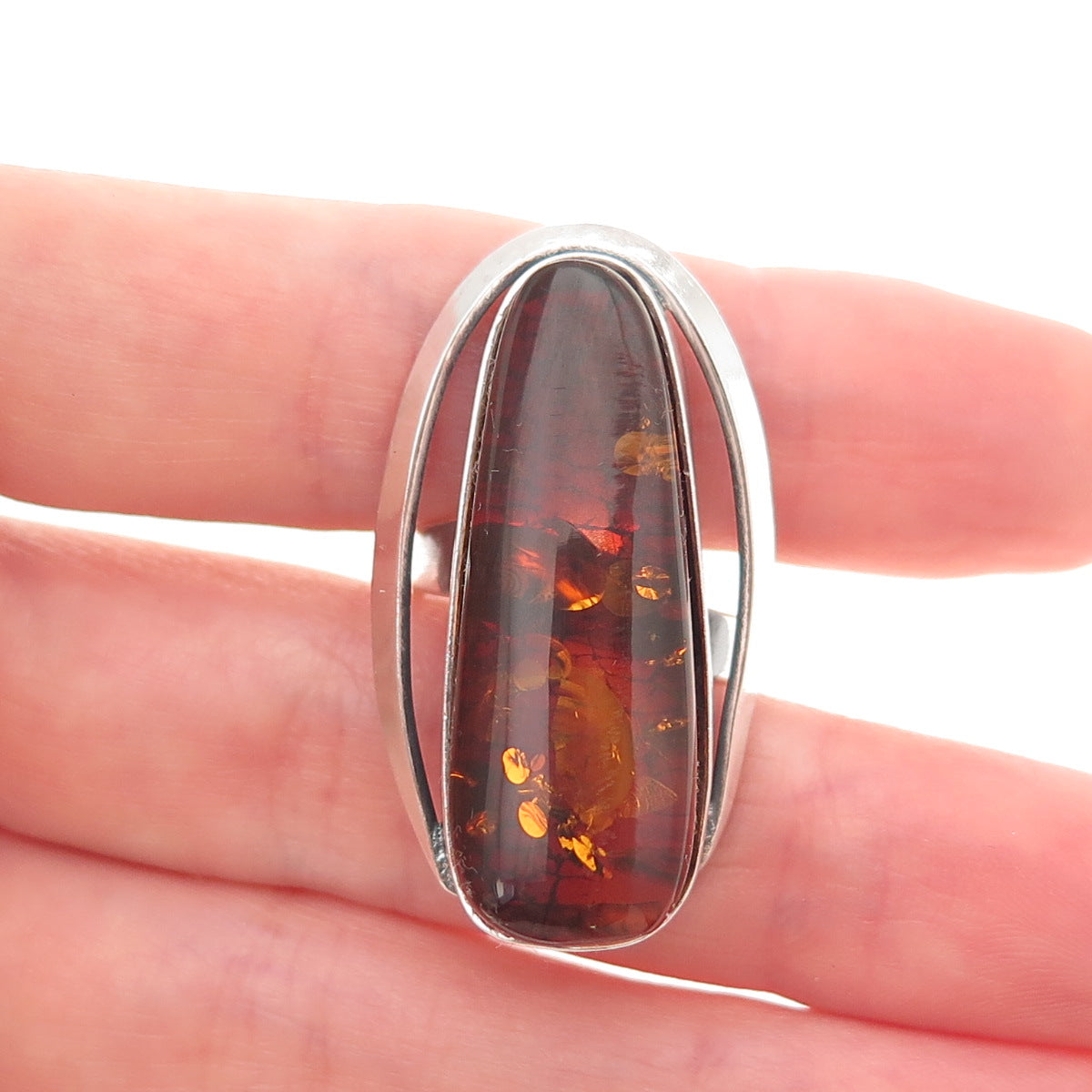 925 Sterling Vintage Poland Real Amber Modernist Adjustable Ring Size 6.75