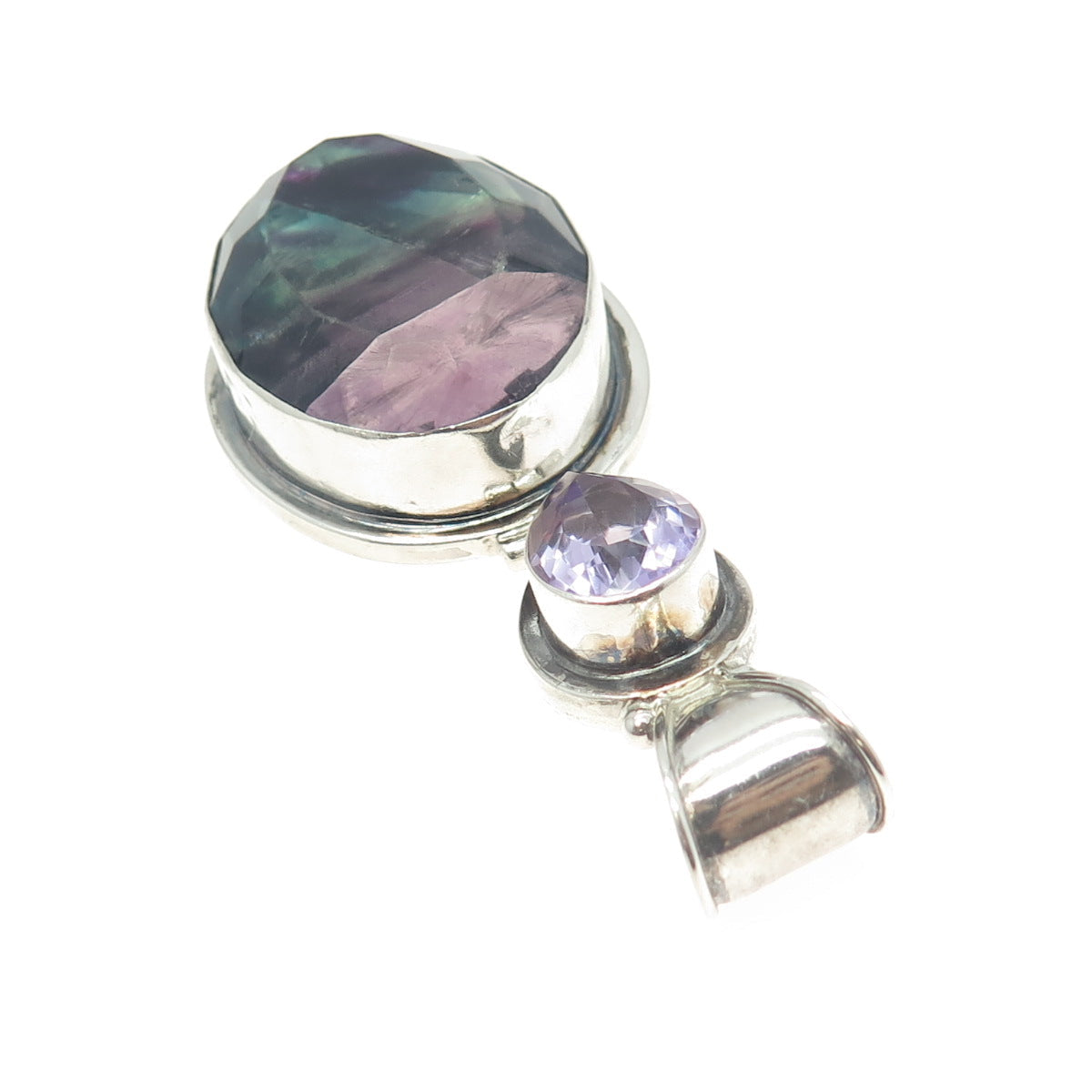 925 Sterling Silver Vintage Pear-Cut Amethyst & Oval-Cut Fluorite Large Pendant