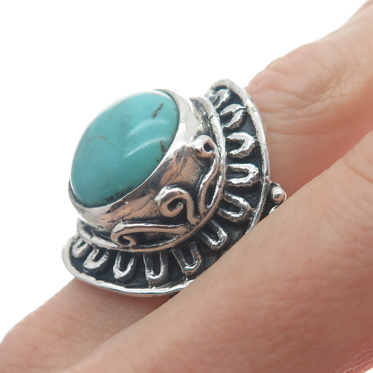 925 Sterling Silver Vintage Real Mountain Turquoise Sun Oxidized Ring Size 10.5