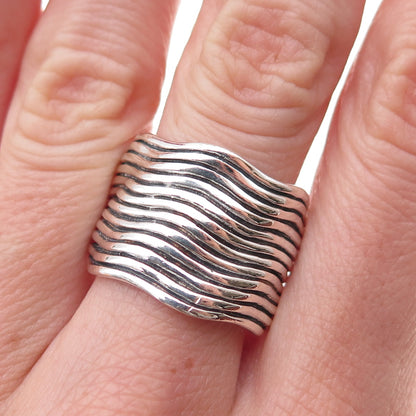 925 Sterling Silver Vintage Modernist Wavy Oxidized Ring Size 8.75