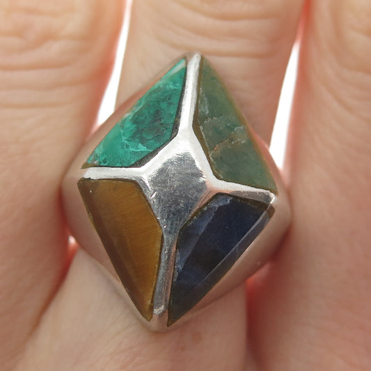925 Sterling Silver Vintage AMD Mexico Real Multi-Color Gem Ring Size 8.75
