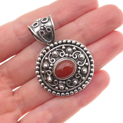 925 Sterling Silver Vintage Real Carnelian Modernist Beaded Oxidized Pendant