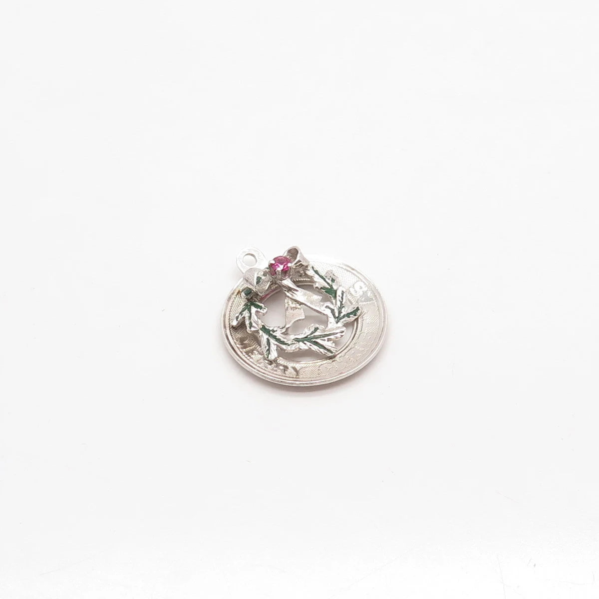 925 Sterling Silver Vintage Lab Sapphire Gem & Enamel "Merry Christmas" Pendant