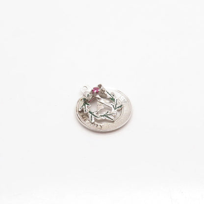 925 Sterling Silver Vintage Lab Sapphire Gem & Enamel "Merry Christmas" Pendant