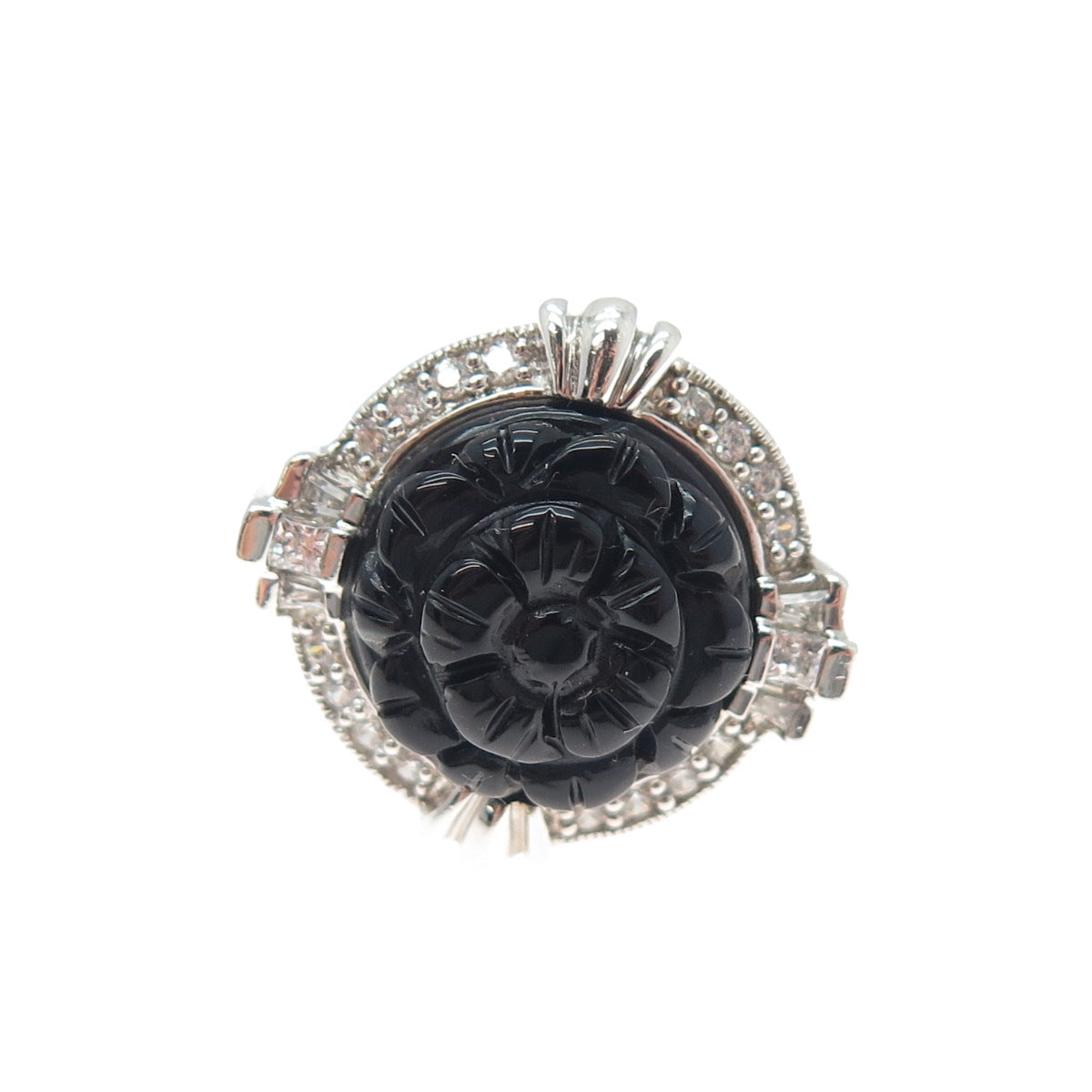 925 Sterling Silver Real Black Onyx & C Z Carved Flower Ring Size 5.25