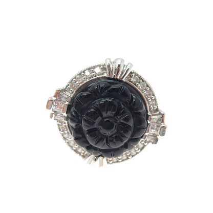 925 Sterling Silver Real Black Onyx & C Z Carved Flower Ring Size 5.25
