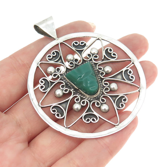 900 Silver Vintage Mexico Real Green Onyx Gemstone Tribal Pendant