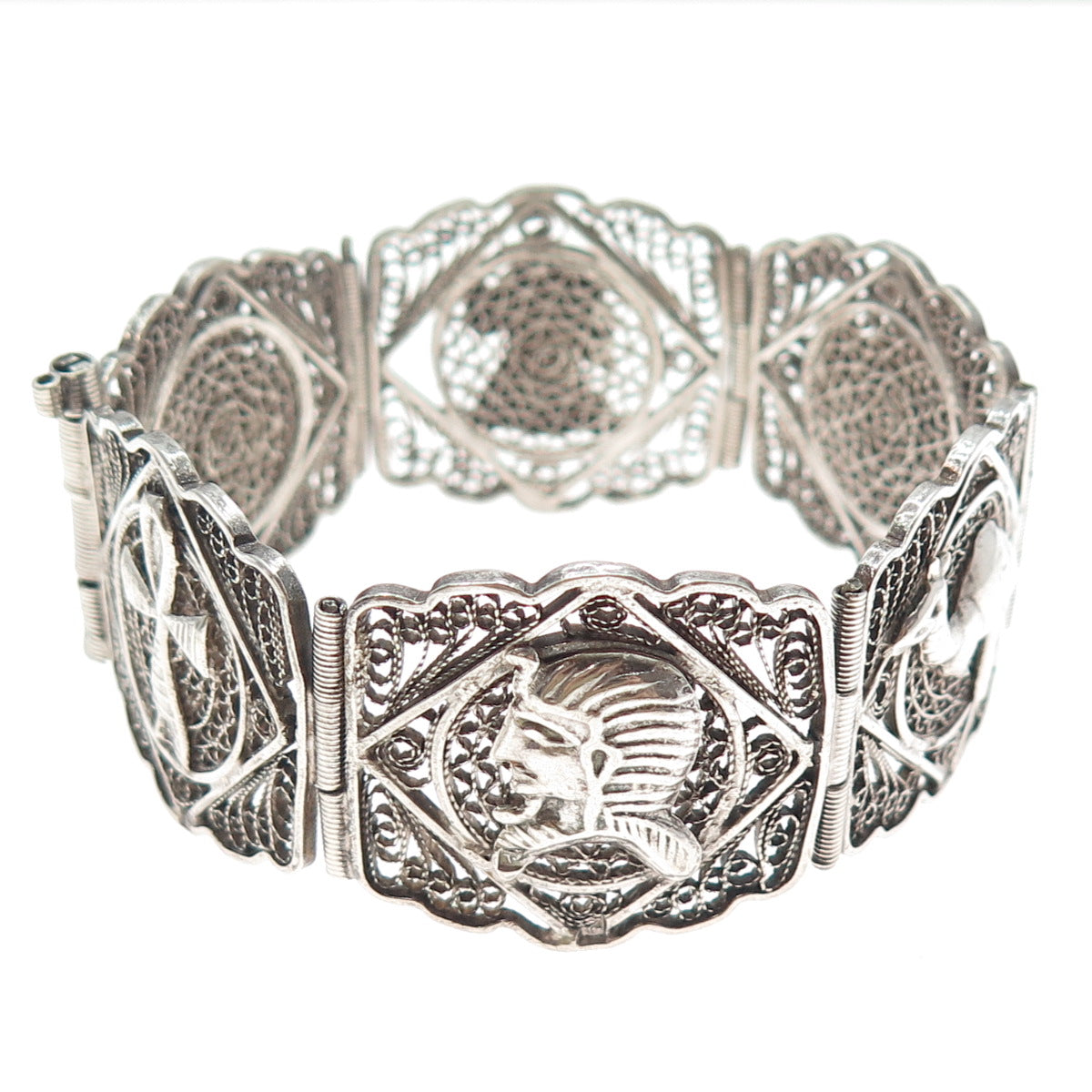 800 Silver Vintage Egyptian Symbols Filigree Oxidized Panel Link Bracelet 7.5"