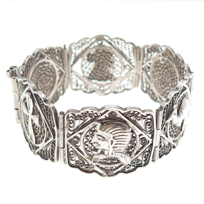 800 Silver Vintage Egyptian Symbols Filigree Oxidized Panel Link Bracelet 7.5"