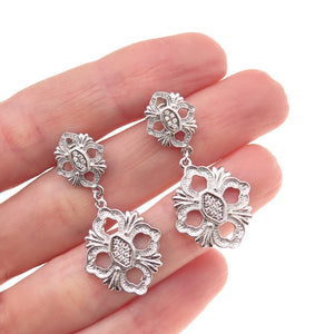 925 Sterling Silver Round-Cut C Z Floral Dangle Earrings