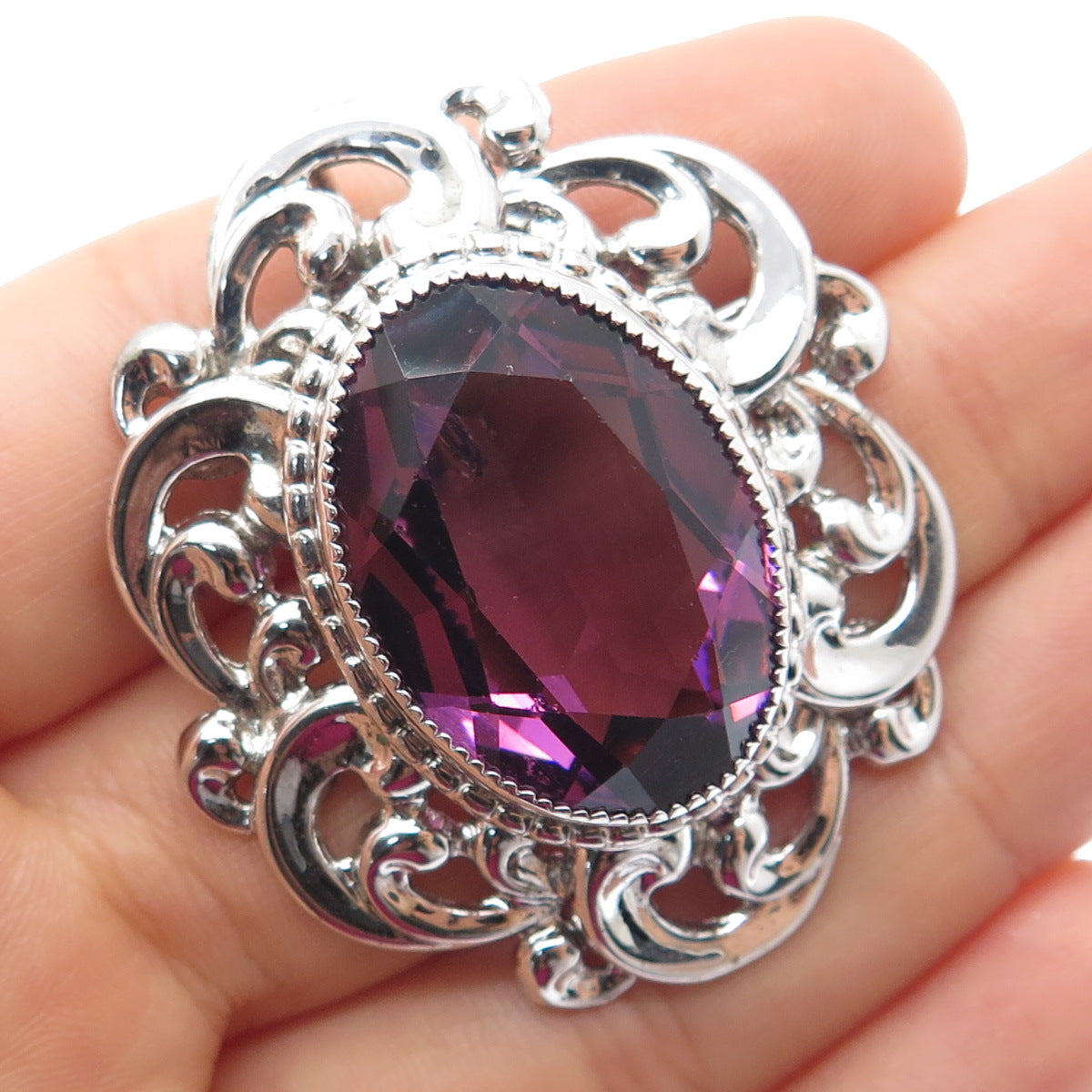 DANECRAFT 925 Sterling Silver Antique Real Amethyst Flower Pin Brooch / Pendant