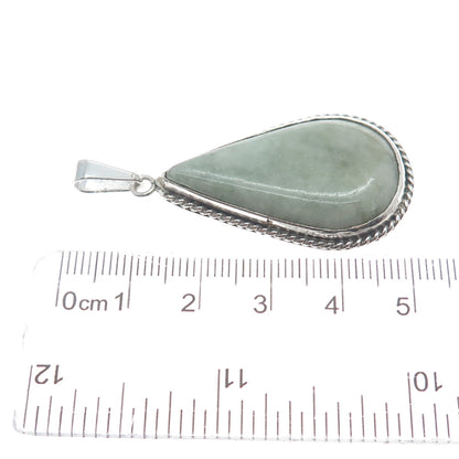 925 Sterling Silver Vintage Real Jade Gemstone Roped Bezel Teardrop Pendant