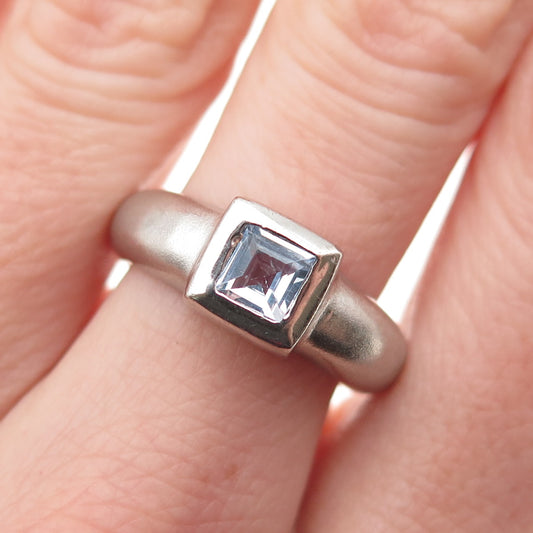 925 Sterling Silver Vintage Real Blue Topaz Modernist Ring Size 7