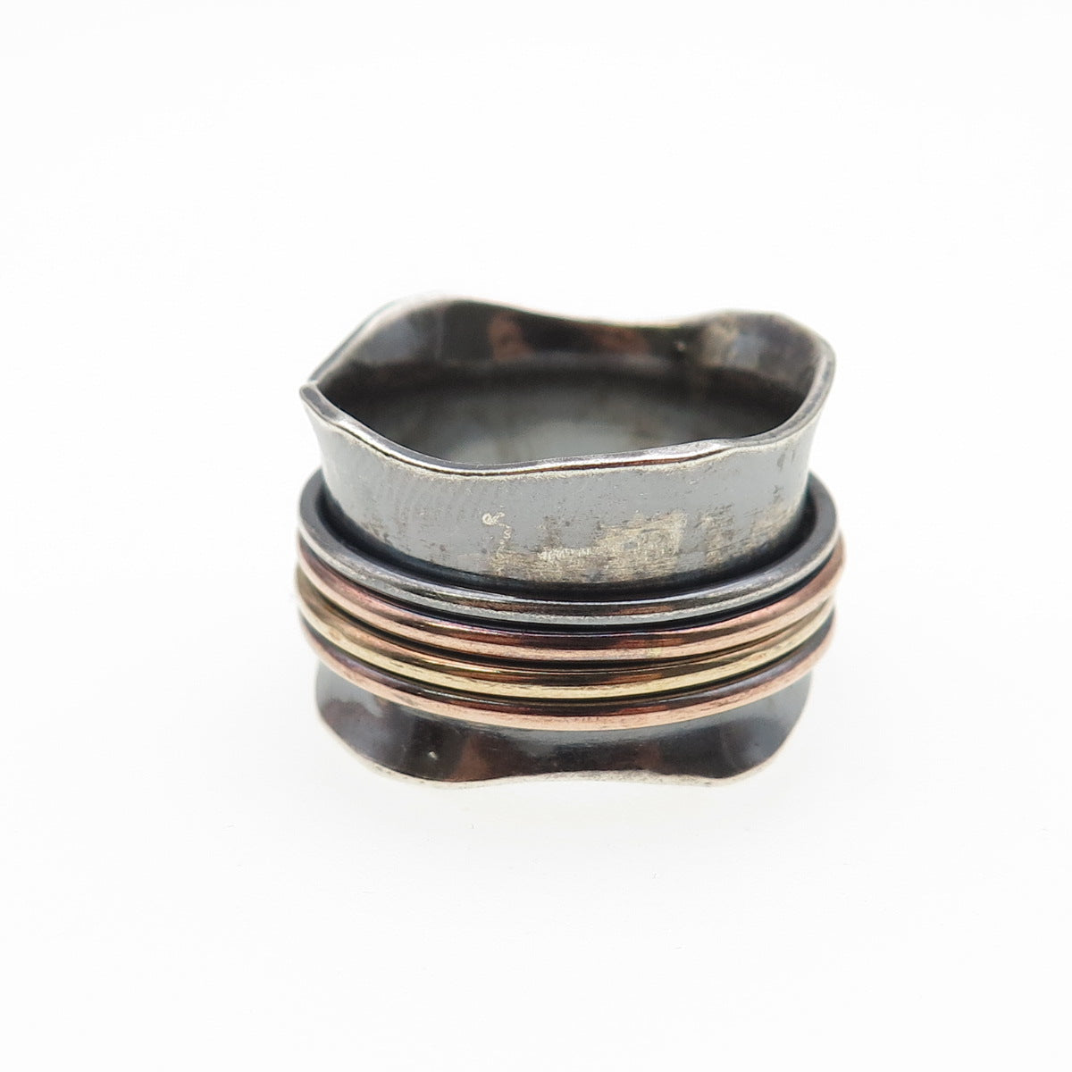 925 Sterling Silver 3-Tone Vintage Modernist Rotating Band Oxidized Ring Size 9