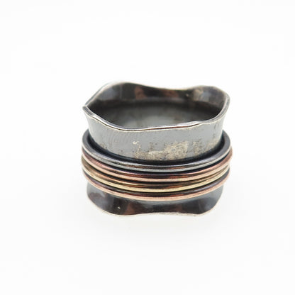 925 Sterling Silver 3-Tone Vintage Modernist Rotating Band Oxidized Ring Size 9