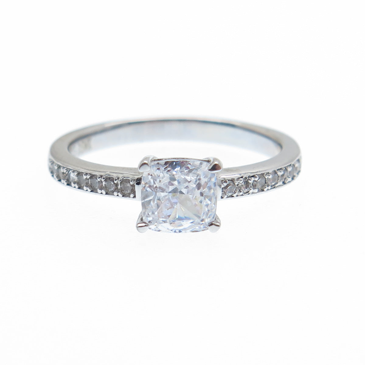 DSMK 925 Sterling Silver Cushion & Round-Cut C Z Engagement Ring Size 6.25