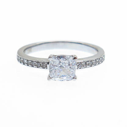 DSMK 925 Sterling Silver Cushion & Round-Cut C Z Engagement Ring Size 6.25