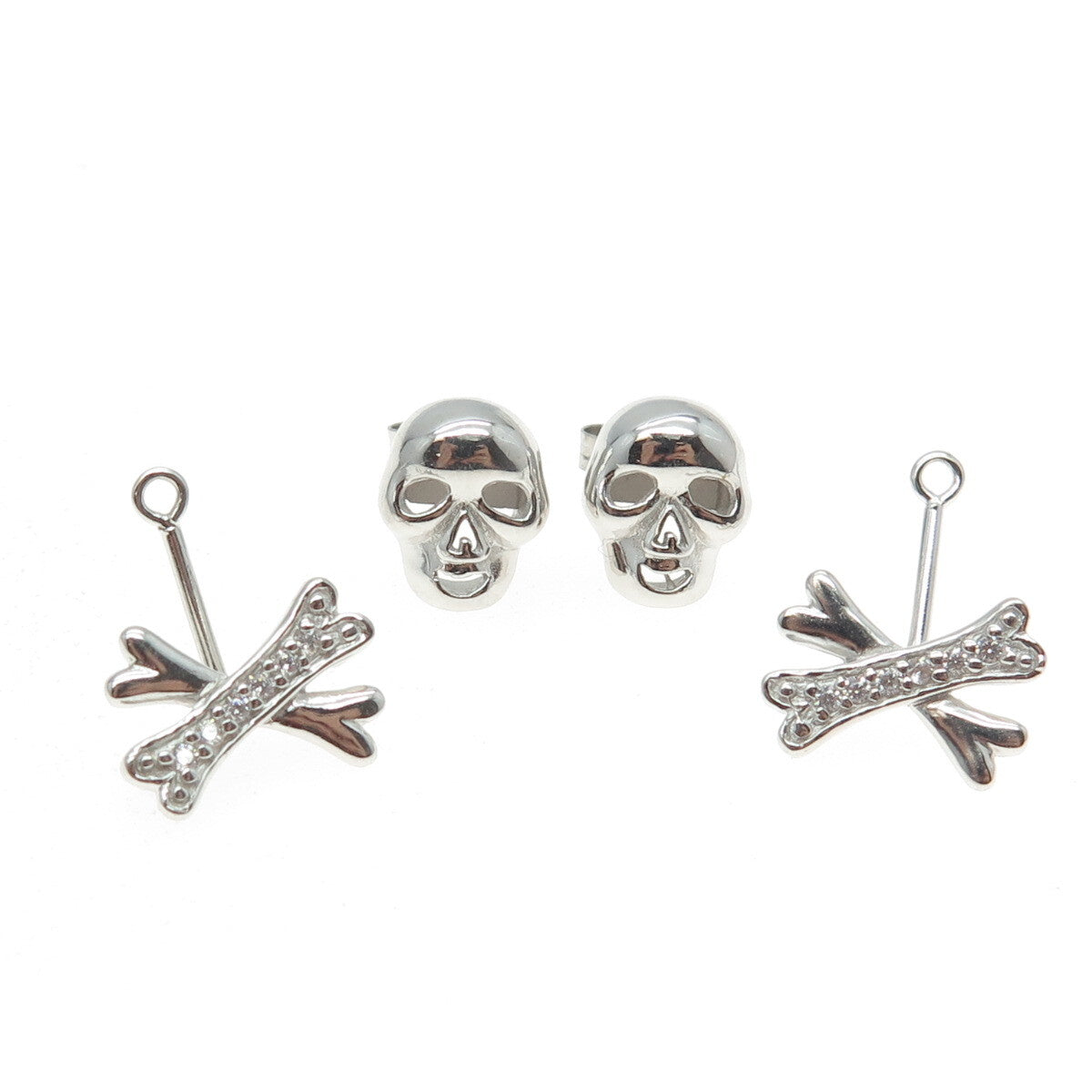 925 Sterling Silver Round-Cut C Z Stud Skull & Jacket Bones Charm Earrings