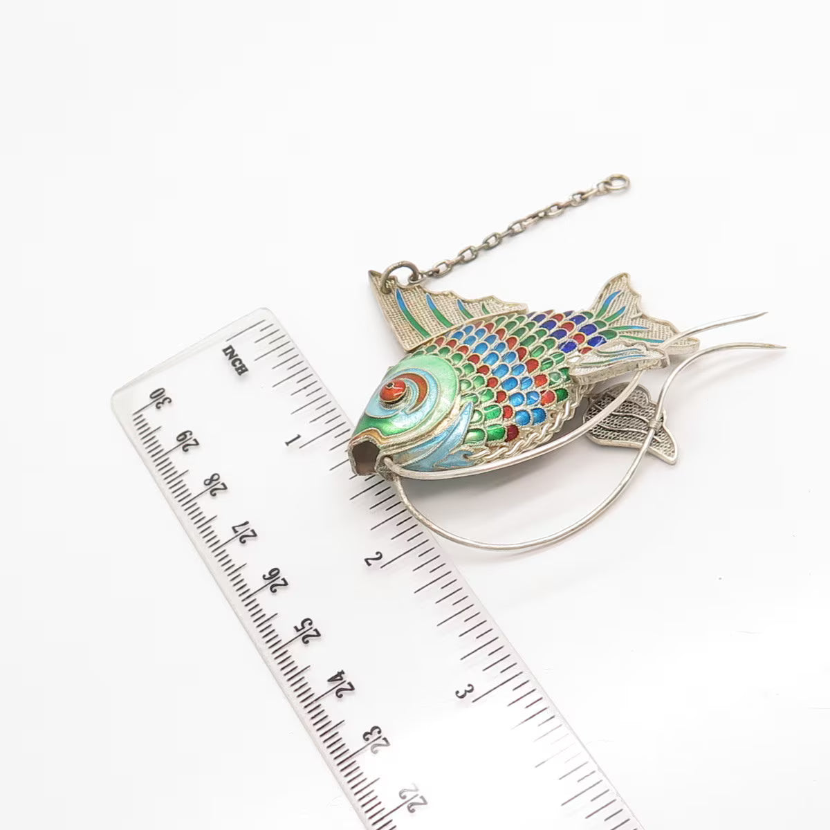 925 Sterling Silver Enamel Antique Chinese Articulated Koi Fish Chatelaine Fob