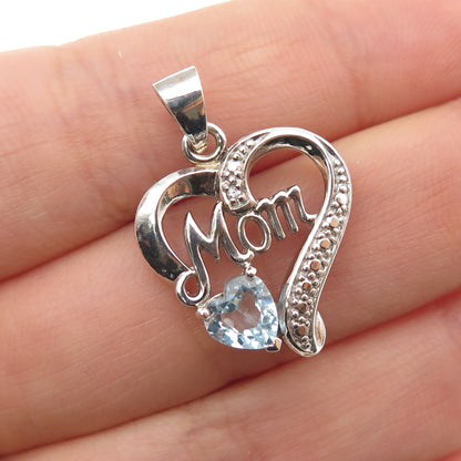 925 Sterling Silver Real Diamond Accent & Blue Topaz Mom Heart Charm Pendant