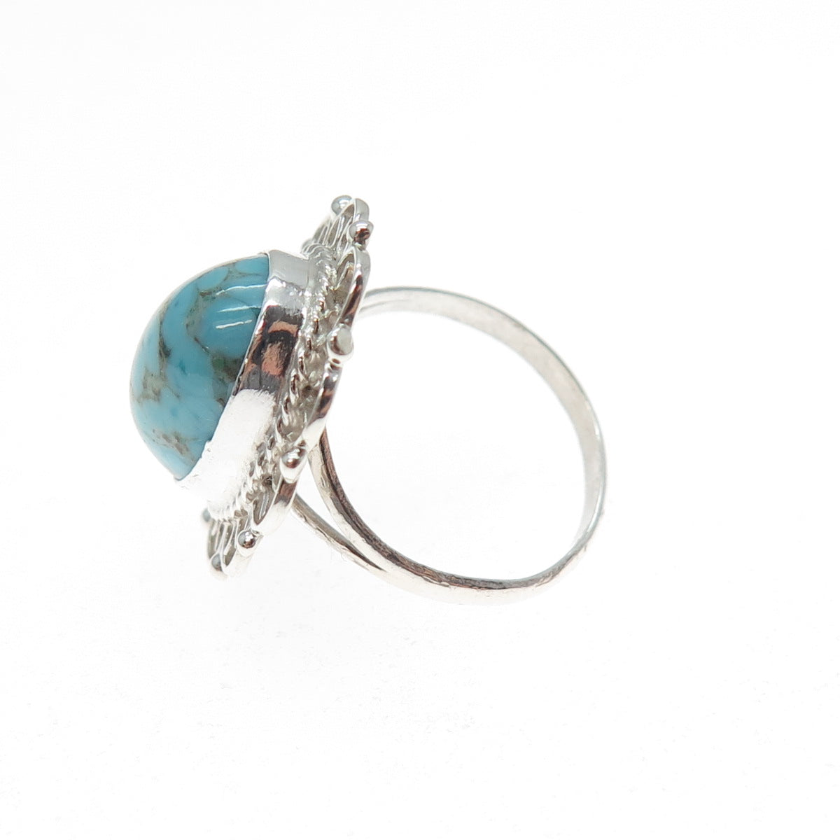 925 Sterling Silver Vintage Faux Turquoise Filigree Flower Ring Size 5