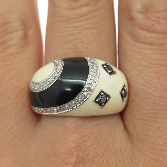 JANE SEYMOUR 925 Sterling Silver Enamel Real Black & White Diamond Ring Size 10