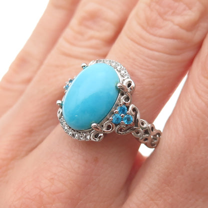 925 Sterling Real Sleeping Beauty Turquoise White Topaz & Apatite Ring Size 9