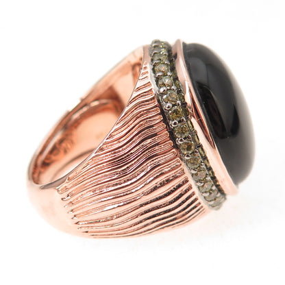 Arzy 925 Sterling Silver Rose Gold Plated Real Black Onyx & C Z Ring Size 7
