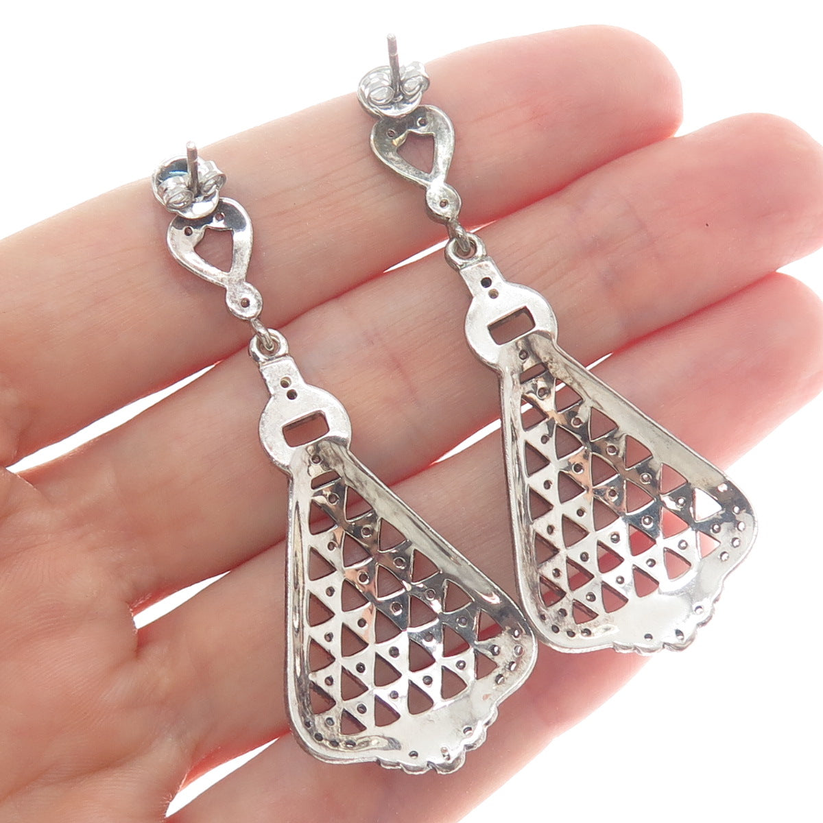 925 Sterling Silver Vintage Round-Cut C Z Oxidized Dangle Earrings