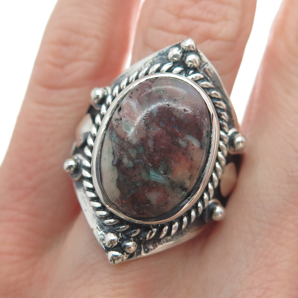 925 Sterling Silver Vintage Real Agate Harp Roped Oxidized Ring Size 9.75