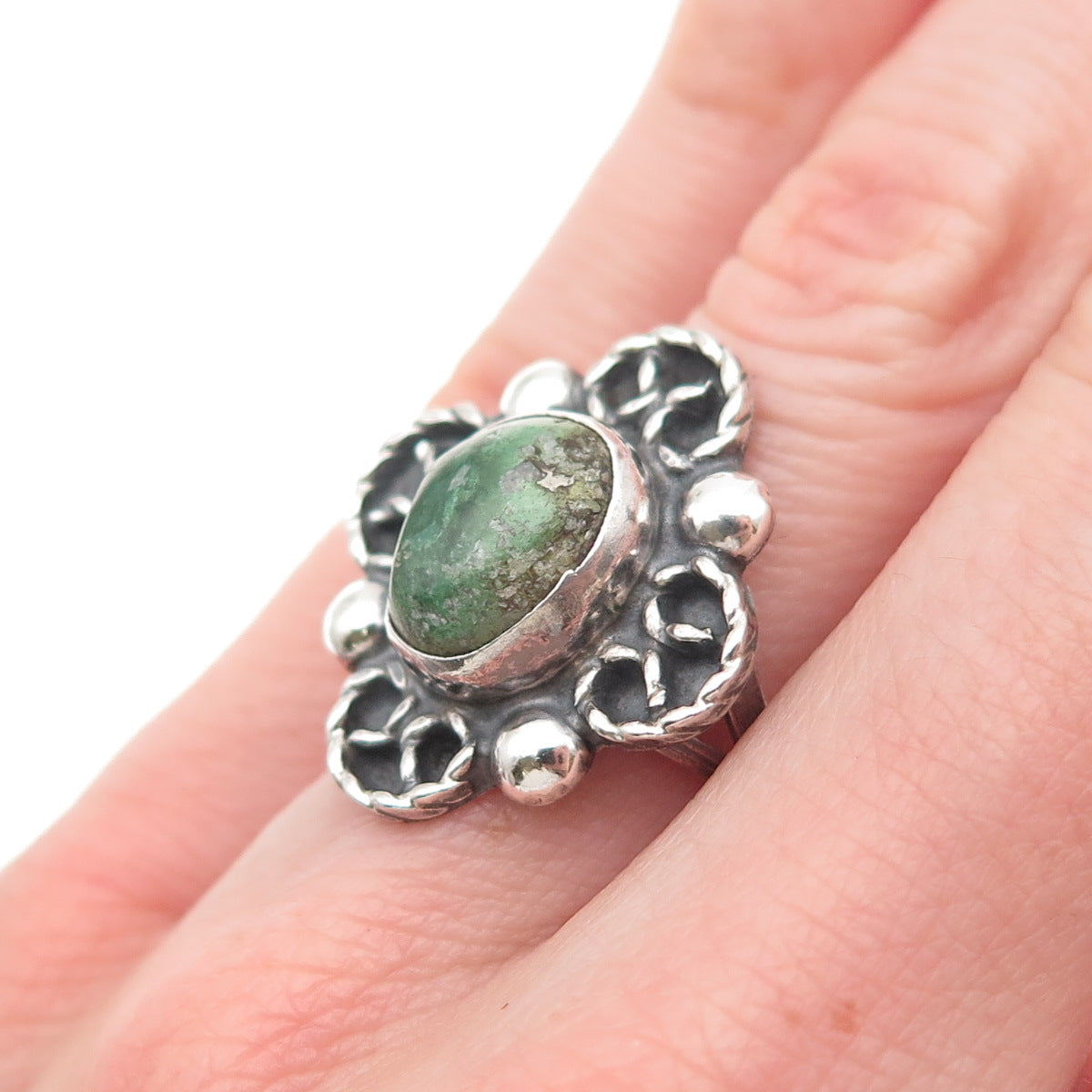 925 Sterling Silver Vintage Mexico Real Turquoise Flower Oxidized Ring Size 6.25