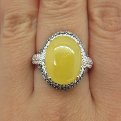 CHUCK CLEMENCY 925 Sterling Silver Real Diamond & Yellow Jade Ring Size 8