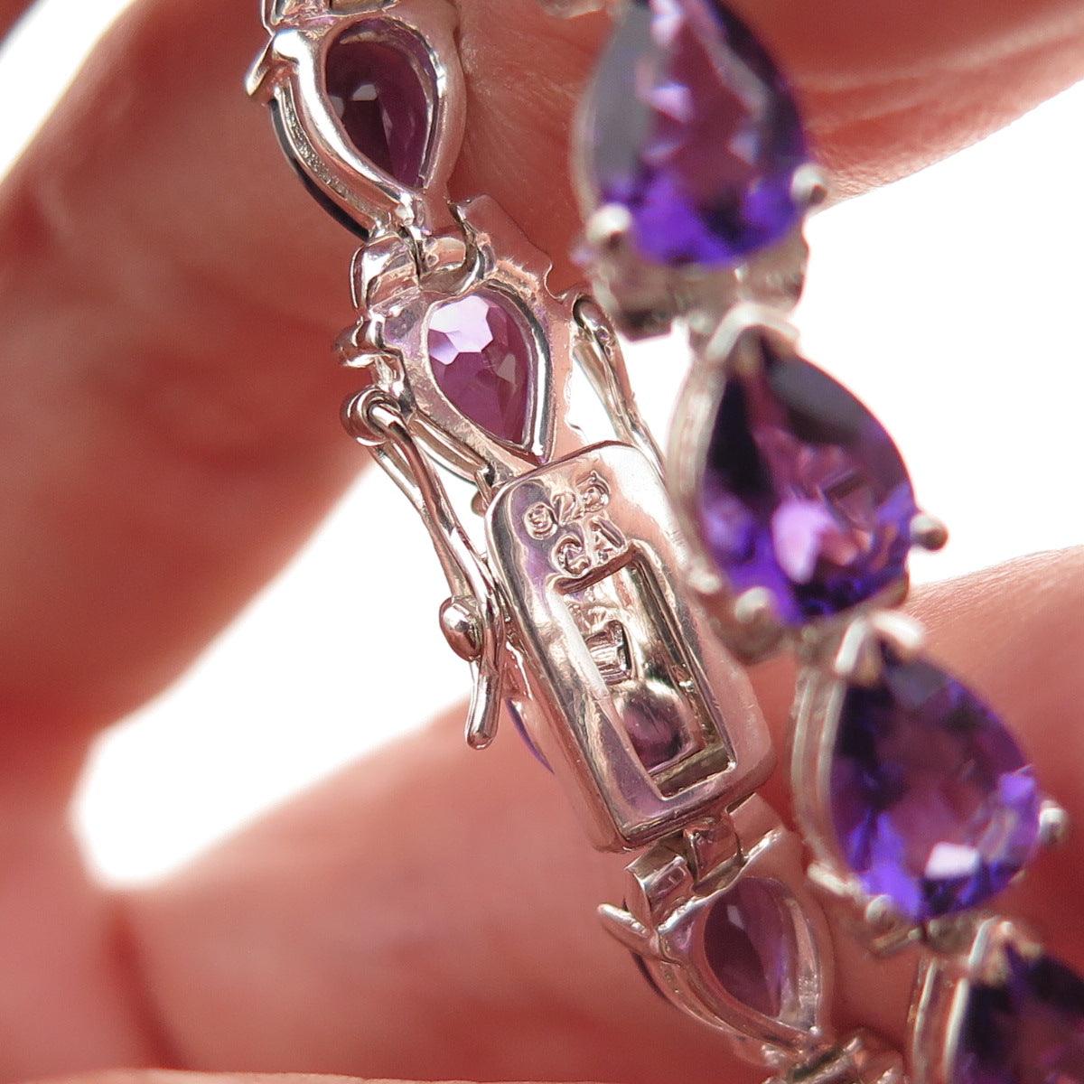 925 Sterling Silver Real Pear-Cut Amethyst Bracelet 7"