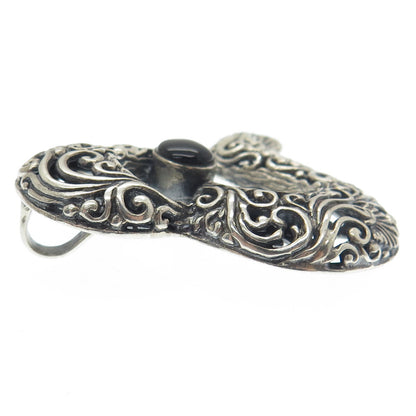 925 Sterling Silver Vintage Real Black Onyx Ornate Heart Oxidized Pendant