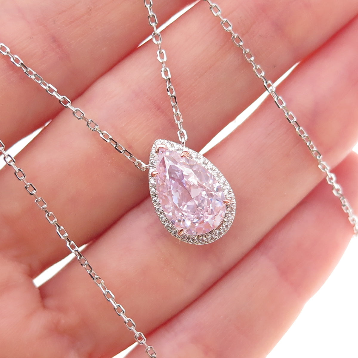 925 Sterling Silver 2-Tone Pink & White C Z Teardrop Cable Chain Necklace 16-18"